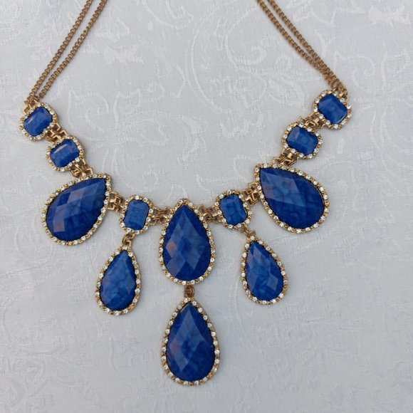 Royal Blue & Cubic Zirconia Tear Drop Shape Statement Necklace - Picture 4 of 10